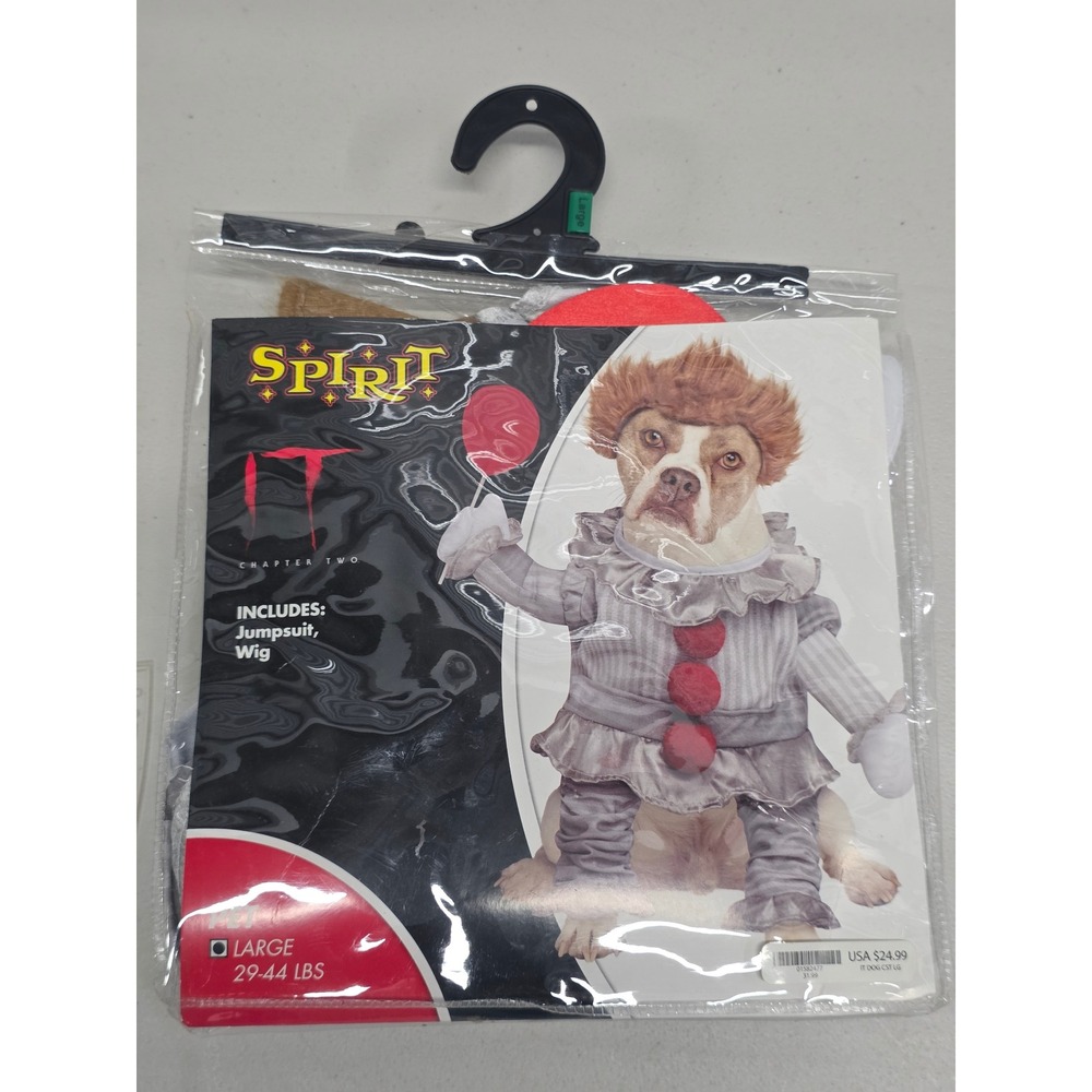 Spirit Halloween IT Pennywise Dog Costume Large 29-44 lbs Jumpsuit Wig 01582477